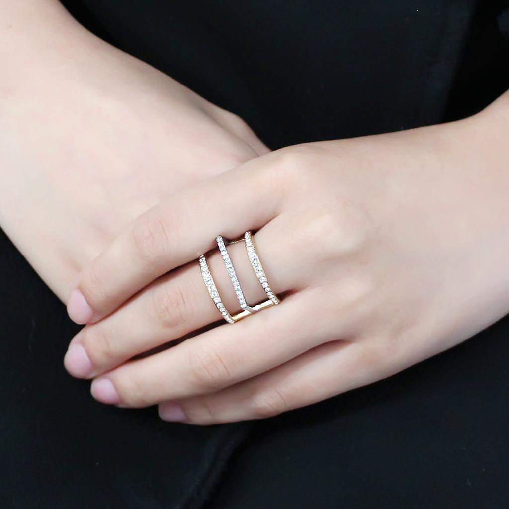 The Golden Axis Ring – Two‑Tone Gold & Silver Geometric Statement Ring with Clear Crystals (Stainless Steel) Lysandra Luxe