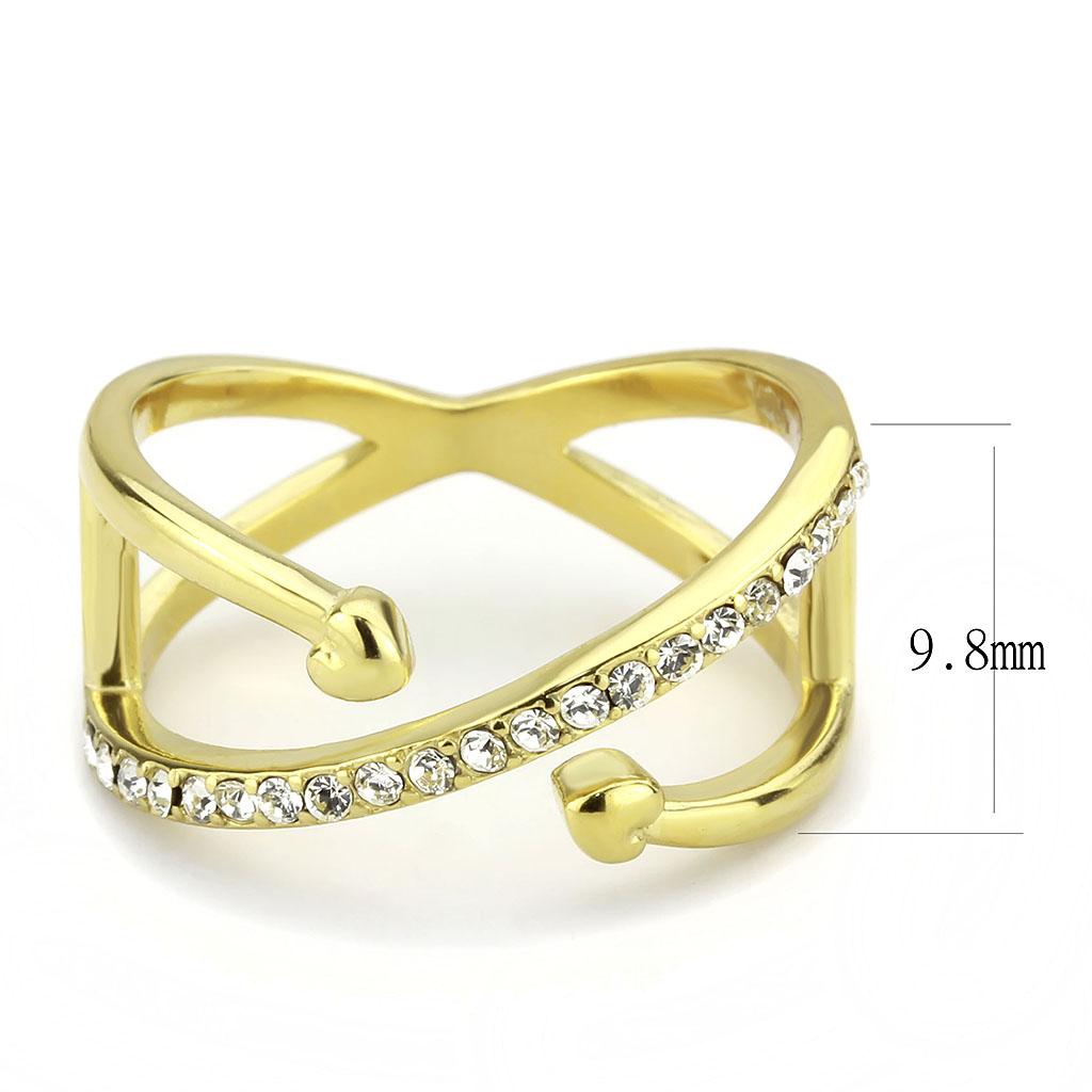 The Heart’s Cross Ring – Gold Criss-Cross Design with Heart Accents & Clear Crystals on Stainless Steel Lysandra Luxe