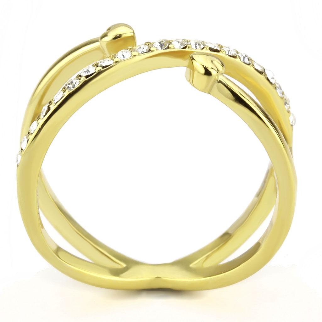 The Heart’s Cross Ring – Gold Criss-Cross Design with Heart Accents & Clear Crystals on Stainless Steel Lysandra Luxe