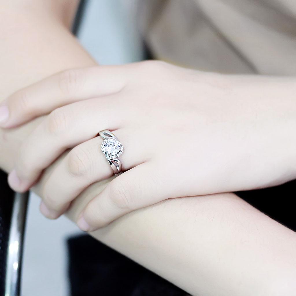 The Crescent Halo Ring – Round Clear CZ with Swirling Partial Halo in Polished Stainless Steel Lysandra Luxe
