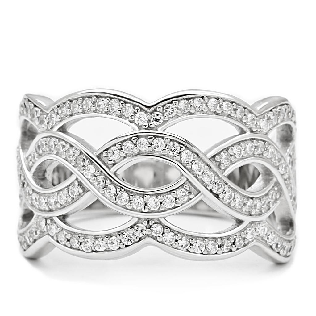 The Wavy Chord Ring – Interlaced Wavy Bands Set with Clear CZs in Polished Rhodium-Plated Brass Lysandra Luxe