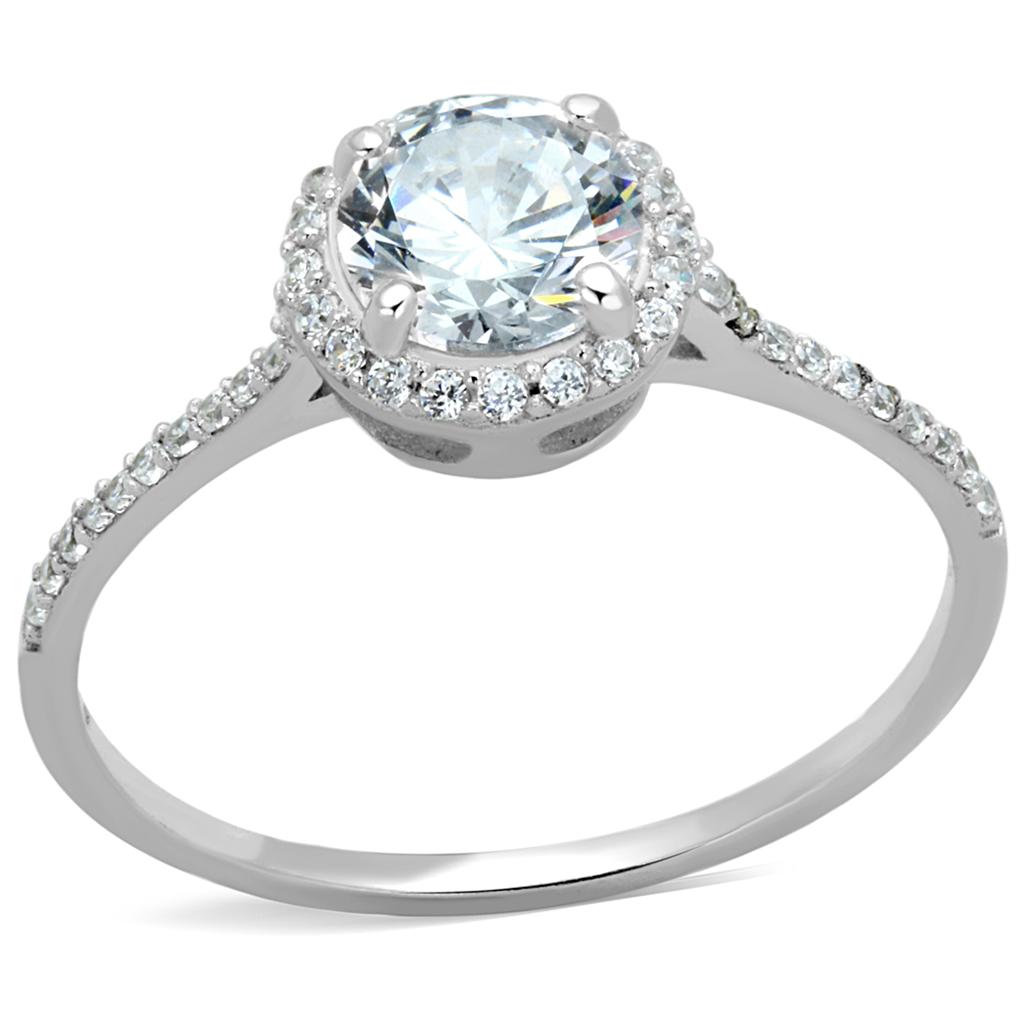 The Moonlit Halo – Round Cut Clear CZ Halo Ring with Pavé Band in Rhodium-Plated Sterling Silver Lysandra Luxe