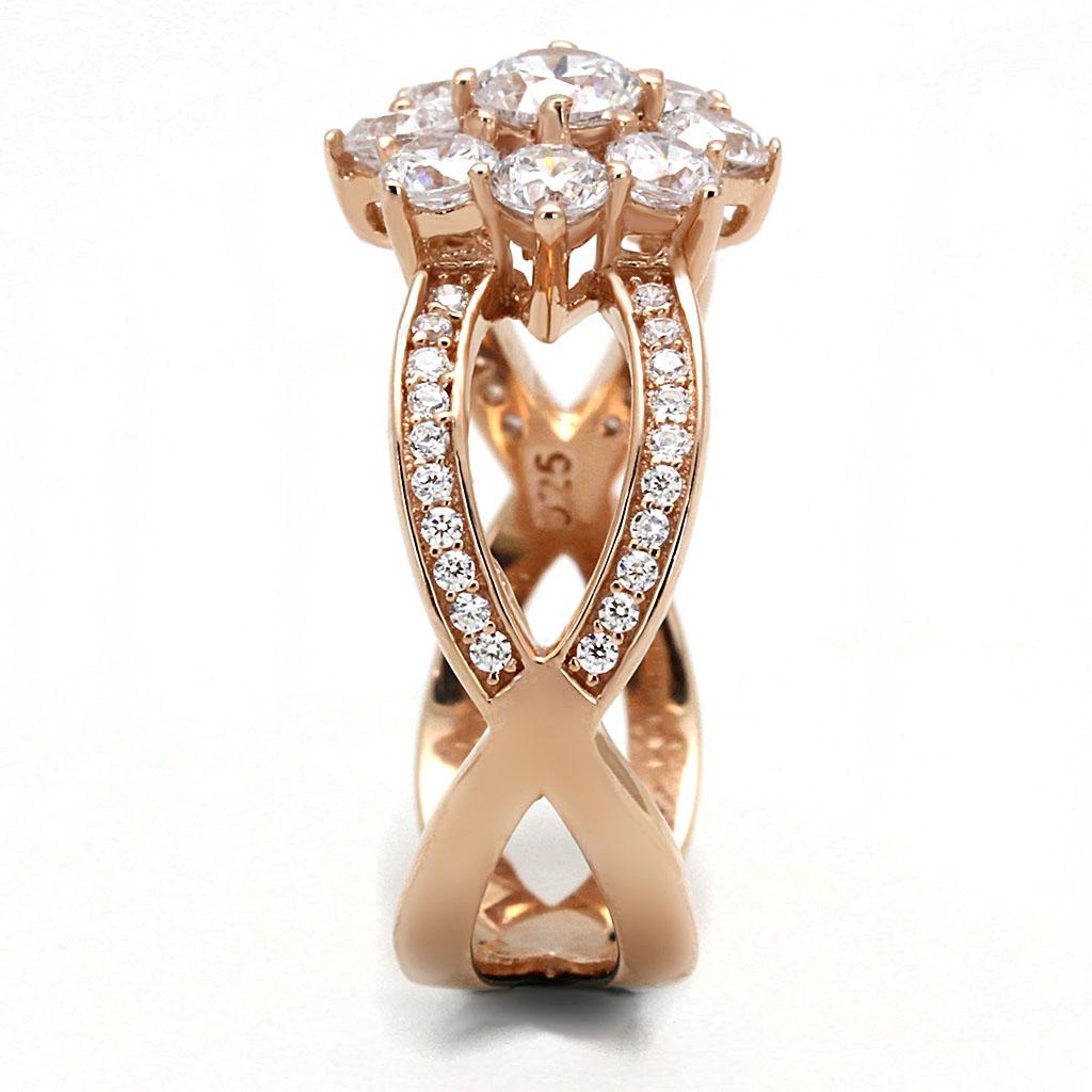 The Blushing Bloom Ring – Rose-Gold Floral Halo with Split Shank Band in Sterling Silver Lysandra Luxe