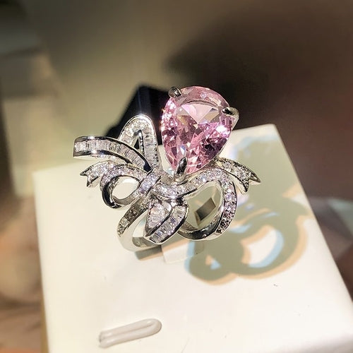 Pink Pear Cut Zircon Bowknot Ring – Women’s Stainless Steel Luxury Statement Engagement Ring Lysandra Luxe