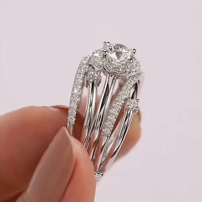 White Gold Multi-Band Criss Cross Halo Ring with Round Cut Cubic Zirconia – Elegant Women’s Statement Jewelry Lysandra Luxe