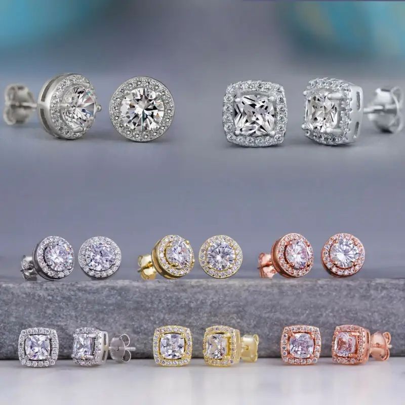 Round & Square (Princess) Cut Cubic Zirconia Halo Stud Earrings – Silver, Gold, and Rose Gold Plated Women’s Jewelry Lysandra Luxe