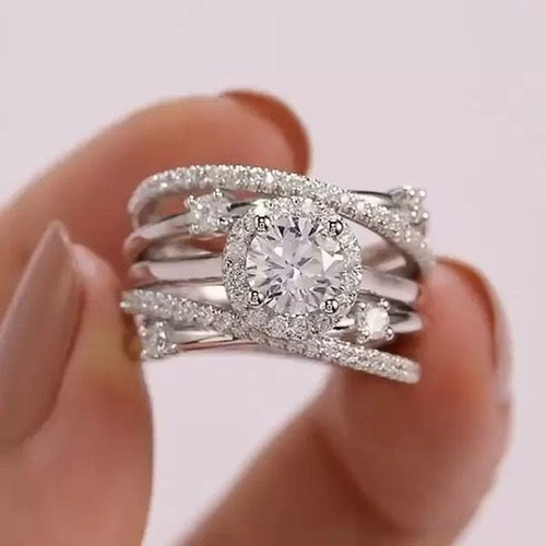 White Gold Multi-Band Criss Cross Halo Ring with Round Cut Cubic Zirconia – Elegant Women’s Statement Jewelry Lysandra Luxe