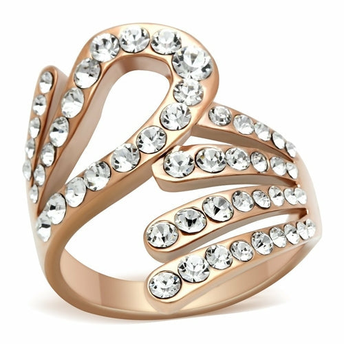 The Rose Reverie Ring – Abstract Loopy Statement Ring in IP Rose Gold with Clear Crystal Accents Lysandra Luxe