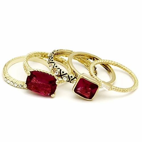 The Ruby Harmony Stack – Five-Ring Set with Oval & Square Ruby CZ Accents in Gold-Tone Brass Lysandra Luxe