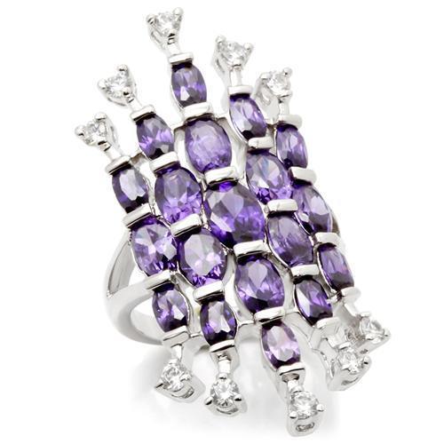 Amethyst Cluster Statement Ring with Clear Cubic Zirconia Accents – Rhodium Plated Brass Cocktail Jewelry Lysandra Luxe