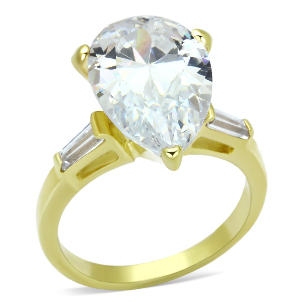 The Sovereign Splendor Ring – Pear-Shaped Clear CZ with Geometric Baguette Accents on Gold-Toned Sterling Silver Lysandra Luxe