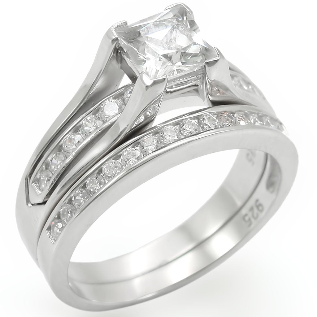 The Regal Union Set – Princess-Cut Clear CZ Ring & Matching Clear CZ Band in Rhodium-Plated Sterling Silver Lysandra Luxe