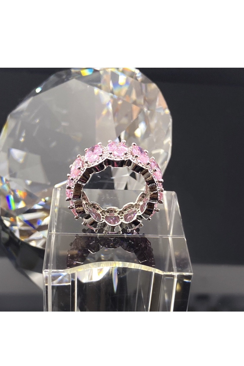 Pink Oval Cut Infinity Ring – 14K White Gold-Plated Eternity Band with Halo Stones Lysandra Luxe