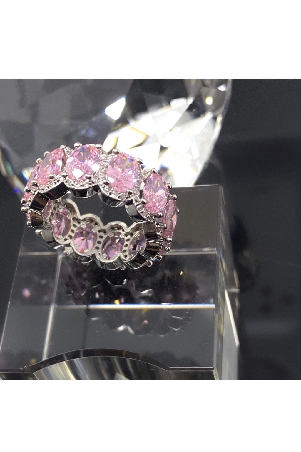 Pink Oval Cut Infinity Ring – 14K White Gold-Plated Eternity Band with Halo Stones Lysandra Luxe