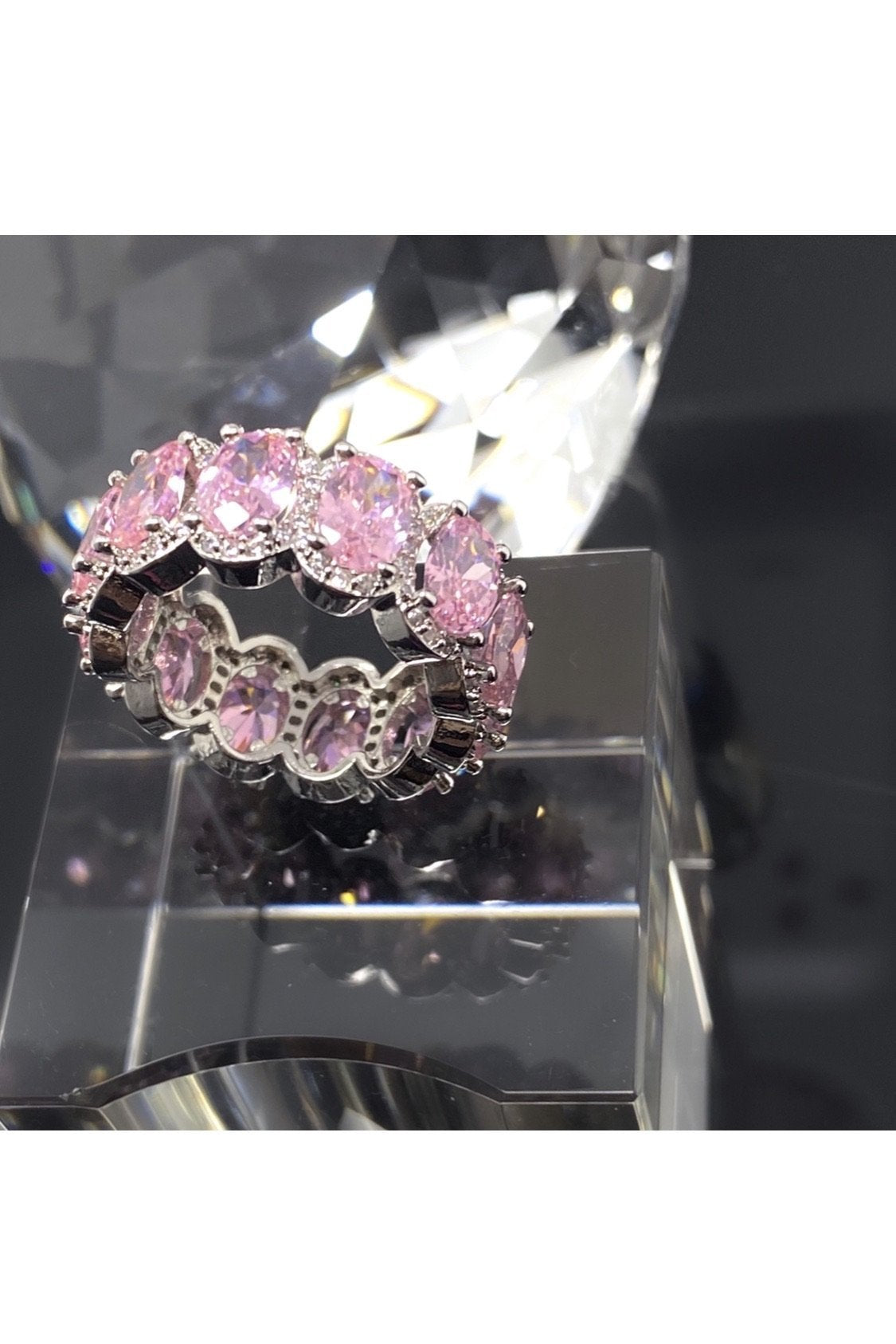 Pink Oval Cut Infinity Ring – 14K White Gold-Plated Eternity Band with Halo Stones Lysandra Luxe