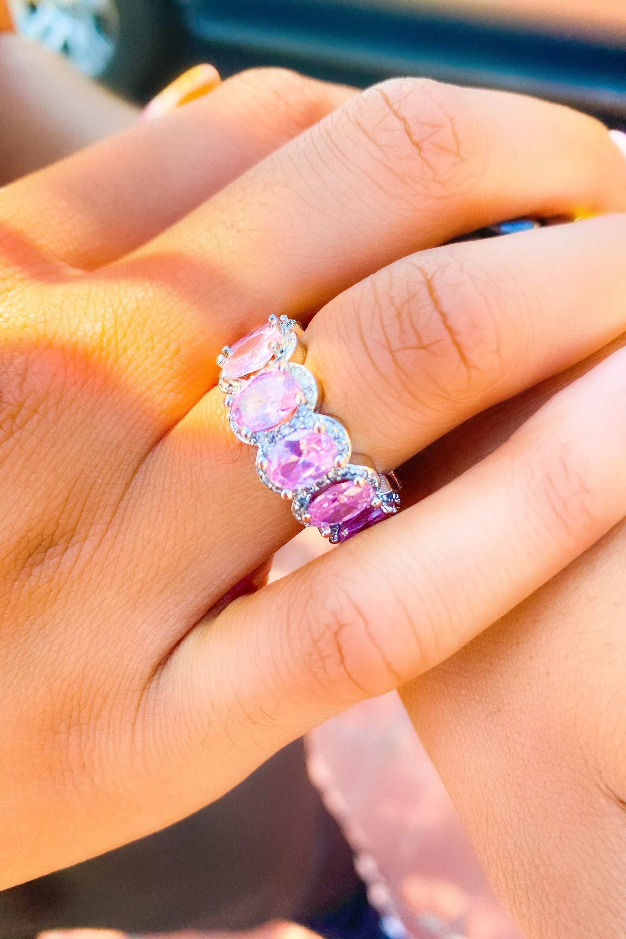 Pink Oval Cut Infinity Ring – 14K White Gold-Plated Eternity Band with Halo Stones Lysandra Luxe