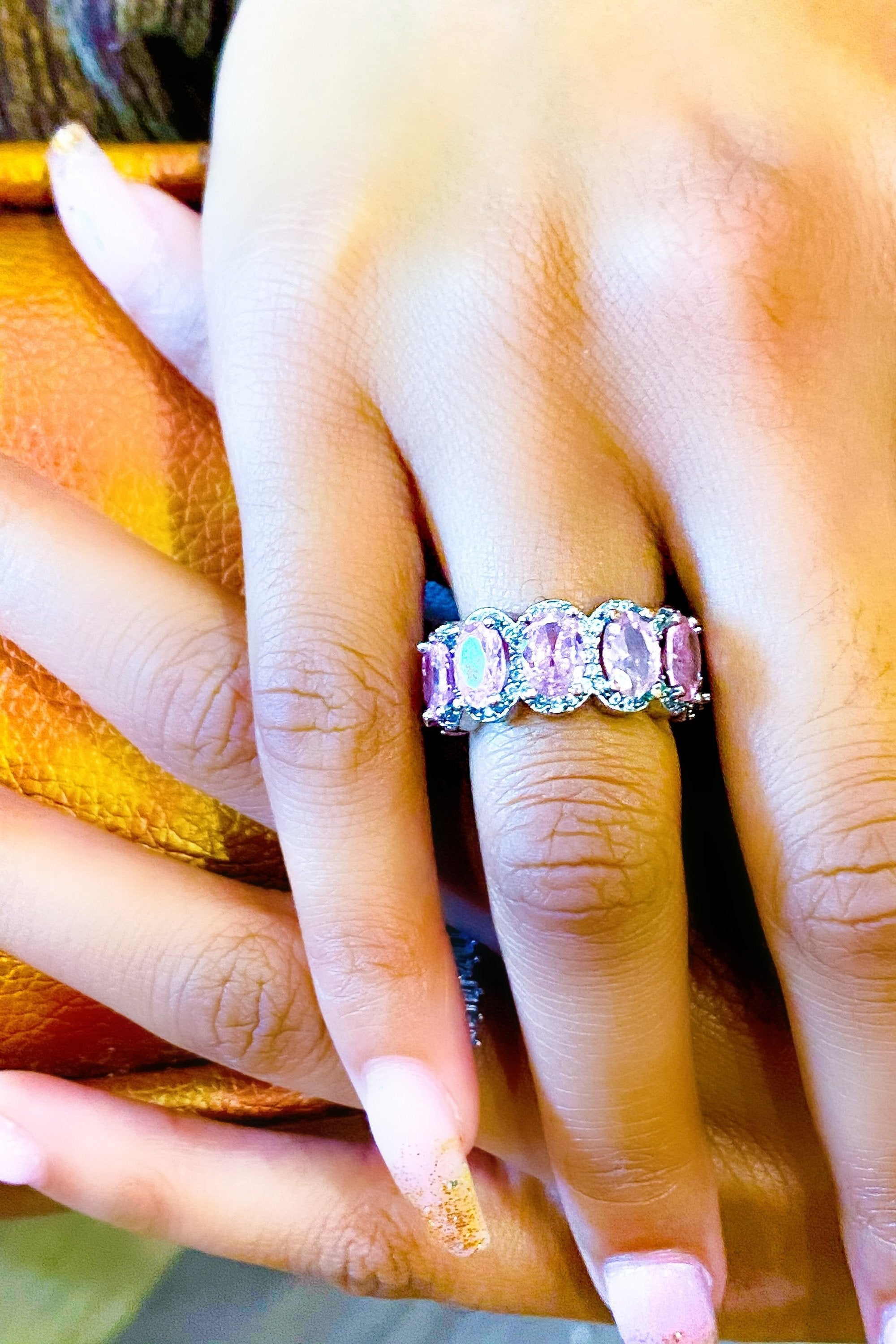 Pink Oval Cut Infinity Ring – 14K White Gold-Plated Eternity Band with Halo Stones Lysandra Luxe