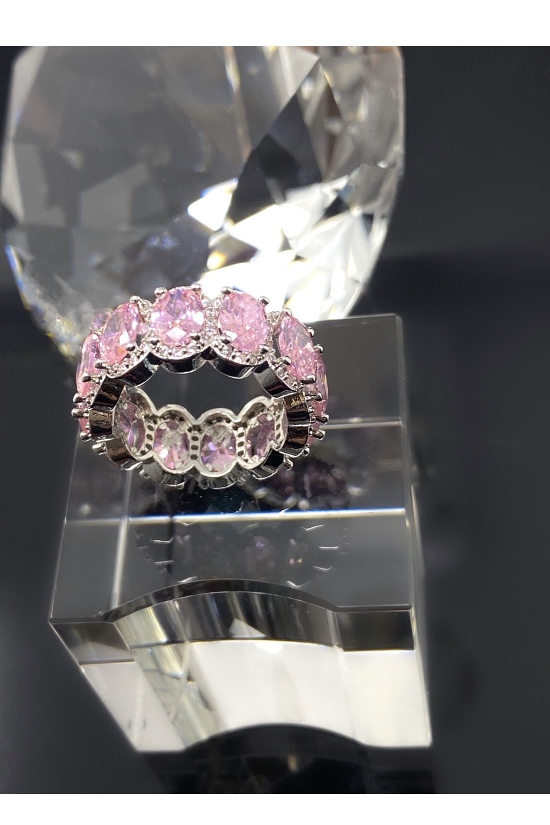 Pink Oval Cut Infinity Ring – 14K White Gold-Plated Eternity Band with Halo Stones Lysandra Luxe