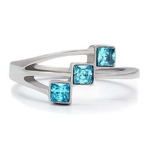 The Blue Horizon Ring – Diagonal Trio of Sea‑Blue Cushion‑Cut CZs on Polished Stainless Steel Lysandra Luxe