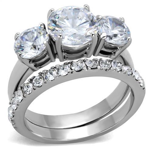 The Timeless Trio Ring Set – Round Cut Three-Stone Center & Matching Clear CZ Band in Polished Stainless Steel Lysandra Luxe