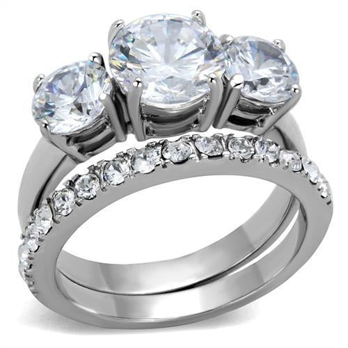 The Timeless Trio Ring Set – Round Cut Three-Stone Center & Matching Clear CZ Band in Polished Stainless Steel Lysandra Luxe
