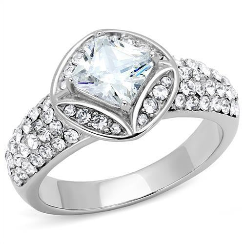 The Diagonal Halo Symphony Ring – Princess-Cut Clear CZ with Partial Halo & Pavé Band in Polished Stainless Steel Lysandra Luxe