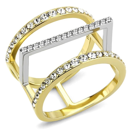 The Golden Axis Ring – Two‑Tone Gold & Silver Geometric Statement Ring with Clear Crystals (Stainless Steel) Lysandra Luxe