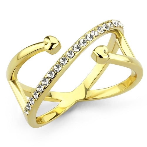The Heart’s Cross Ring – Gold Criss-Cross Design with Heart Accents & Clear Crystals on Stainless Steel Lysandra Luxe