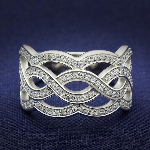 The Wavy Chord Ring – Interlaced Wavy Bands Set with Clear CZs in Polished Rhodium-Plated Brass Lysandra Luxe