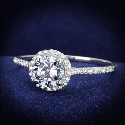 The Moonlit Halo – Round Cut Clear CZ Halo Ring with Pavé Band in Rhodium-Plated Sterling Silver Lysandra Luxe