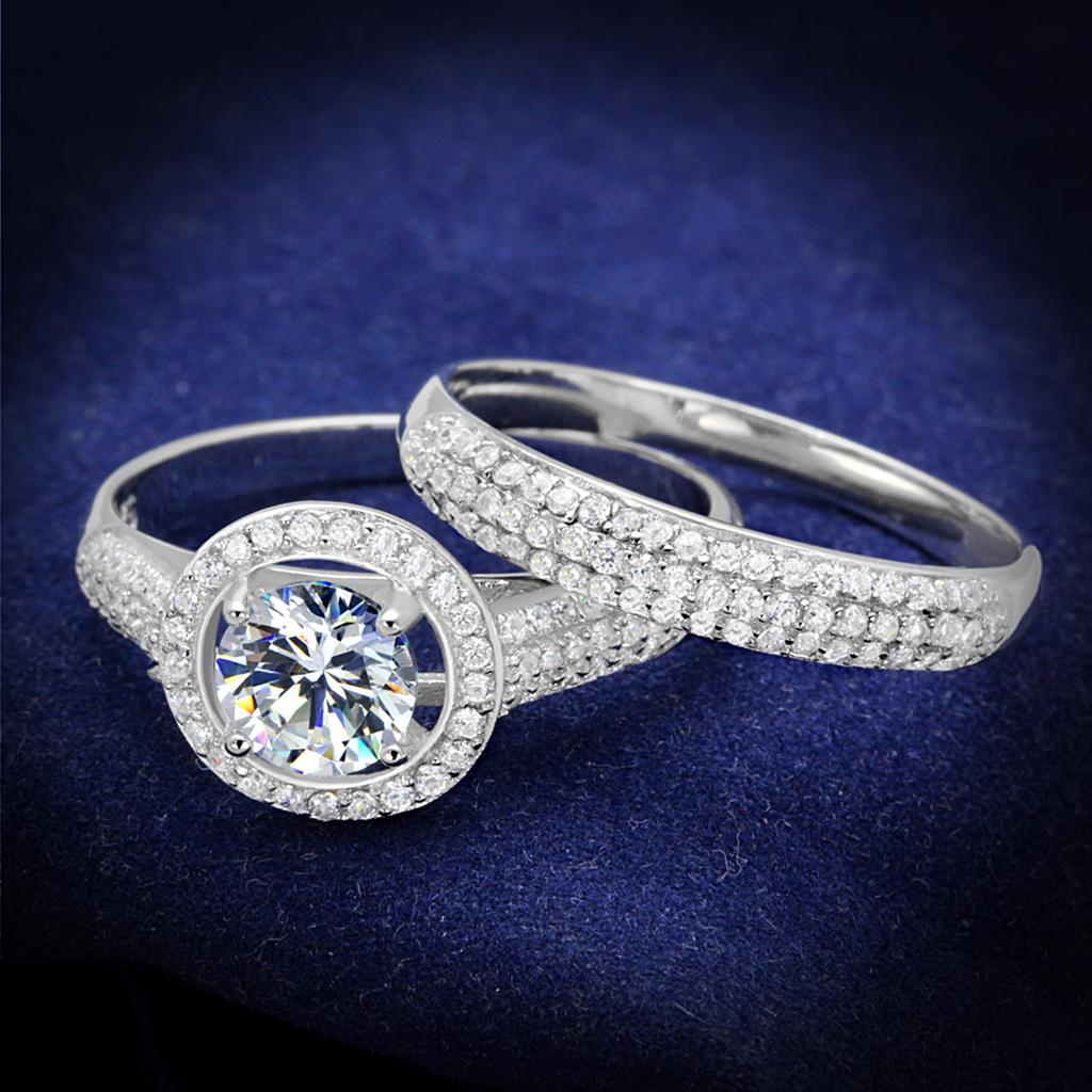The Timeless Halo Duo – Round CZ with Triple-Row Halo and Matching Band in Rhodium-Plated Sterling Silver Lysandra Luxe
